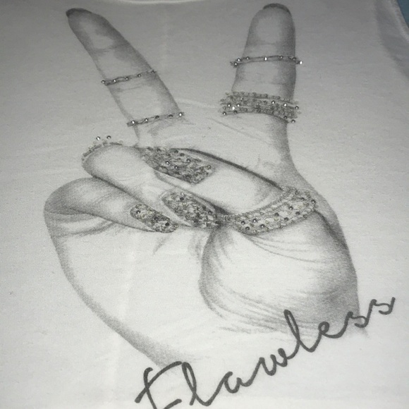 ARAN’S DEN hand peace sign ”flawless” sparkling crop top white semi sheer size L - Picture 2 of 11